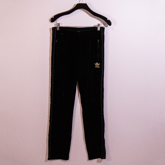 Adidas Women's Velvet Velour Straight Leg Three Stripe Track Pants Black Gold S - Picture 1 of 4
